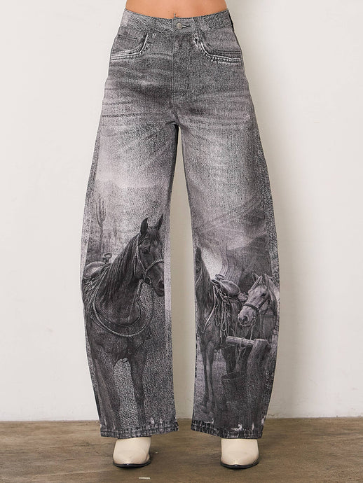 Western Black Horse Digital Printed Baggy Jeans