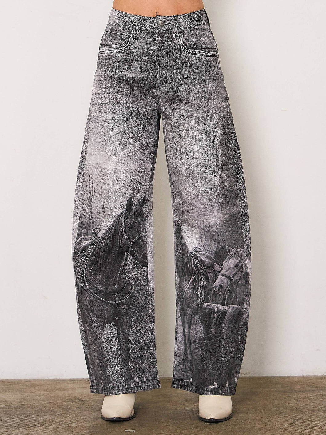 Western Black Horse Digital Printed Baggy Jeans