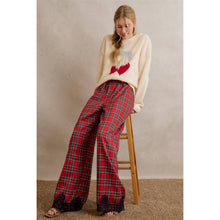 CHRISTMAS PLAID CHECK LACE TRIM WIDE LEG ELASTIC MID RISE PA: RED MULTI / XL