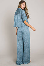 Blue Short sleeve button down crop satin shirt