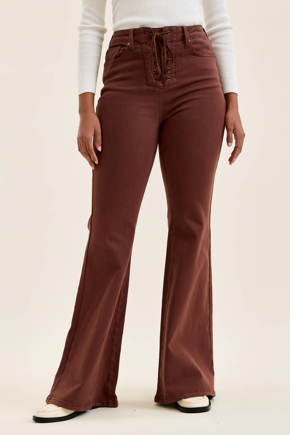 Cocoa High Waist JAQUELINE Flare w/ Lace Up Judy Blue Jeans
