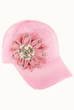 Rose Floral Bejeweled Bling Glitz Distressed Cap, Adjustable: