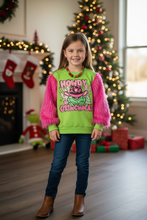 Howdy Grinchmas" Green and pink faux fur sleeve Christmas