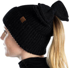 Black Sequin Ponytail Beanie with Top Bow