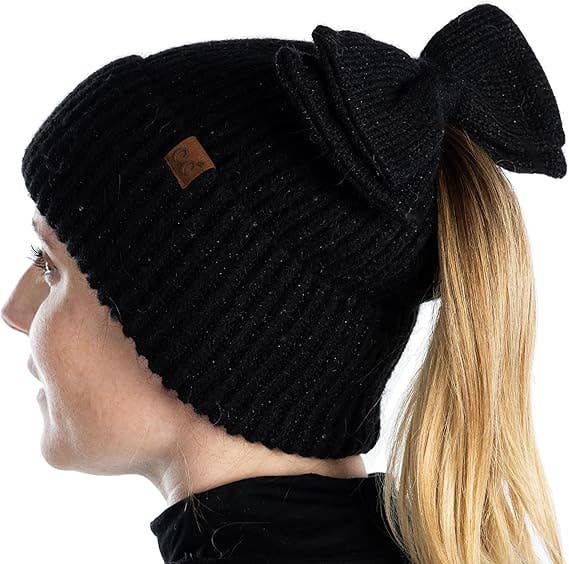 Black Sequin Ponytail Beanie with Top Bow