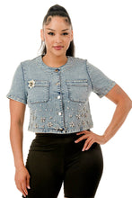 Blue Pearl & Floral Studded Cropped Denim Jacket