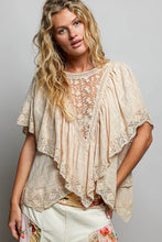 Almond Lace Trim V Ruffle Detail Textured Woven Short Sleeve POL Top