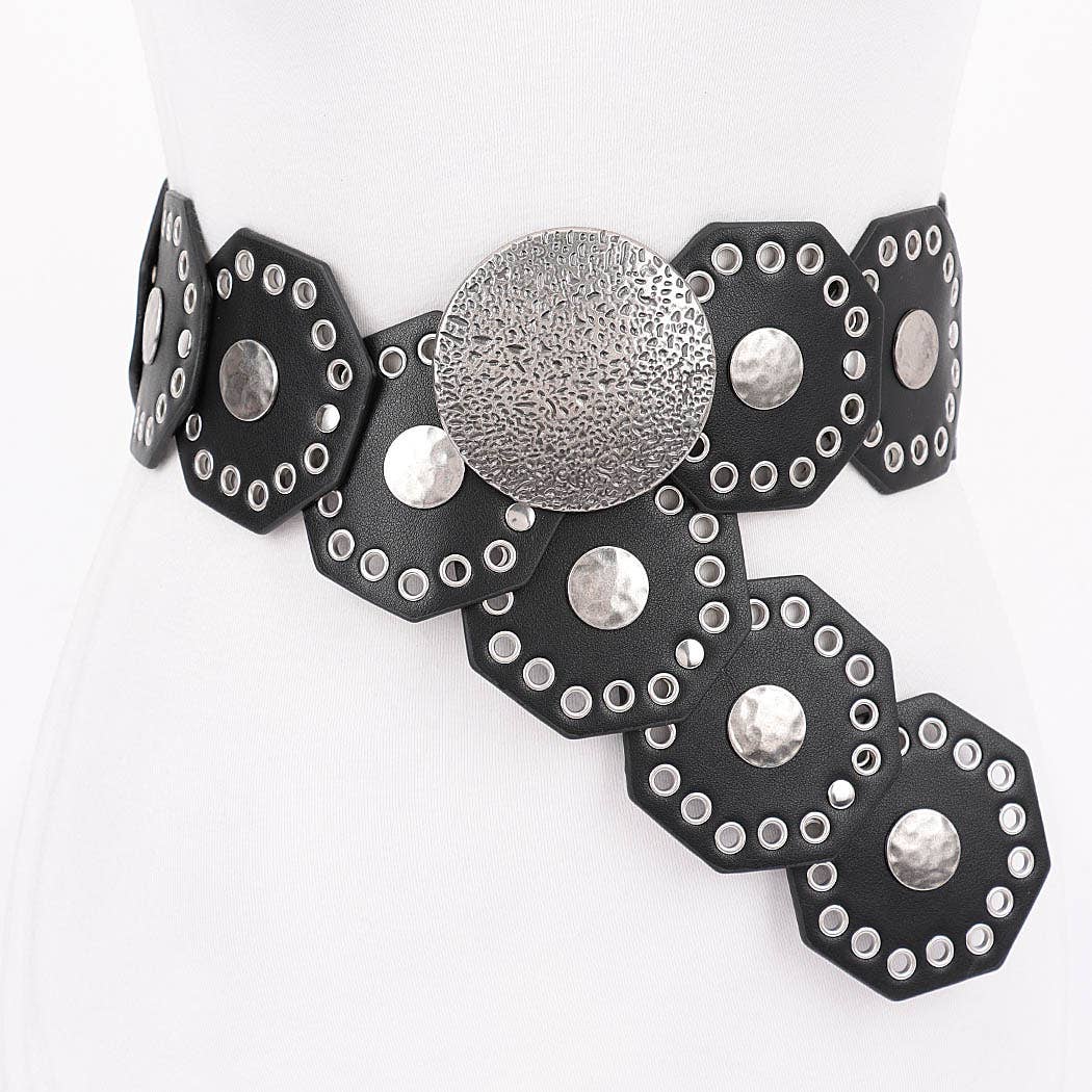 Black Multi Metal Round PU Vintage Belt