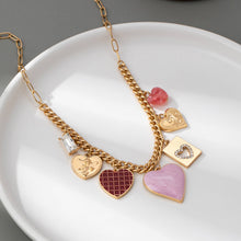 Gold Hearts Check Rhinestone Charm Necklace