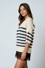 STRIPE TEXTURED KNIT HALF SLEEVE KNIT SWEATER (PRE-ORDER): NAVY