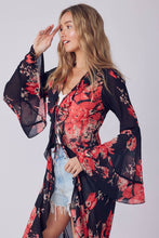 Black Coral Floral Ruffle Kimono