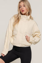 Beige Long Sleeve High Neck Zip Up Short Twill Jacket