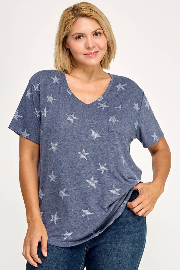 Navy V Neck Short Sleeve Star Print Tee