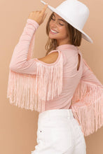 Blush Rayon Jersey Mock Neck Shoulder Fringe Bodysuit