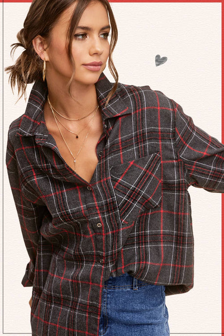 Grey Loose Fit Button Down Soft Fabric Plaid Shirts