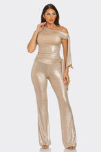 Nude Asymmetrical Shoulder Shirring Tie Top & Pants Set
