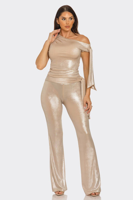 Nude Asymmetrical Shoulder Shirring Tie Top & Pants Set