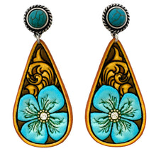 Turquoise Tooled Leather Western Flower Teardrop Earrings:
