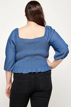 Blue Plus Size Smocked Chambray Peplum Top