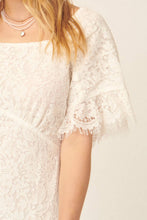 White Lace Square Neck Flounce Sleeve Fitted Maxi Dress