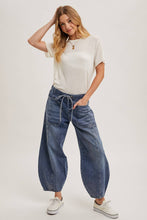 Med Wash Denim Mid Waist Drawstring Barrel Jeans