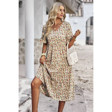 Beige Floral Print Fit Ruffle Sleeve Midi Dress