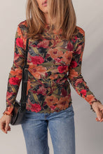 Floral Print Lettuce Trim Long Sleeve Mesh Top