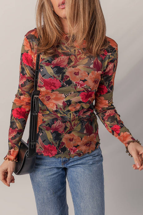 Floral Print Lettuce Trim Long Sleeve Mesh Top