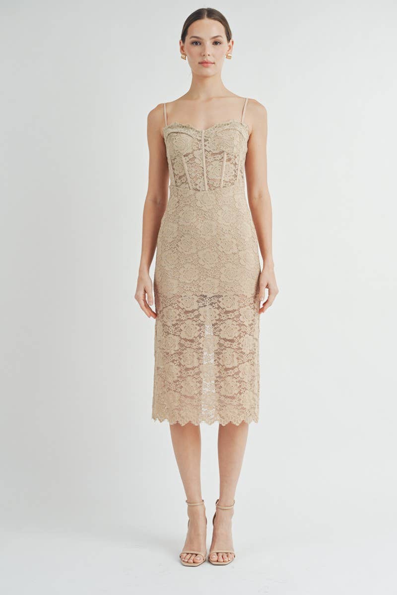 Nude Corset Lace Bustier Midi Dress