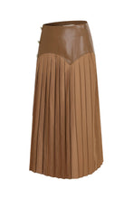 Brown Faux Leather Pleated Midi Skirt