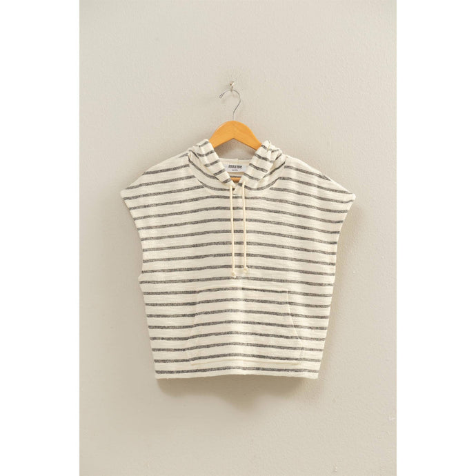 Black Striped Hooded Top With Pocket