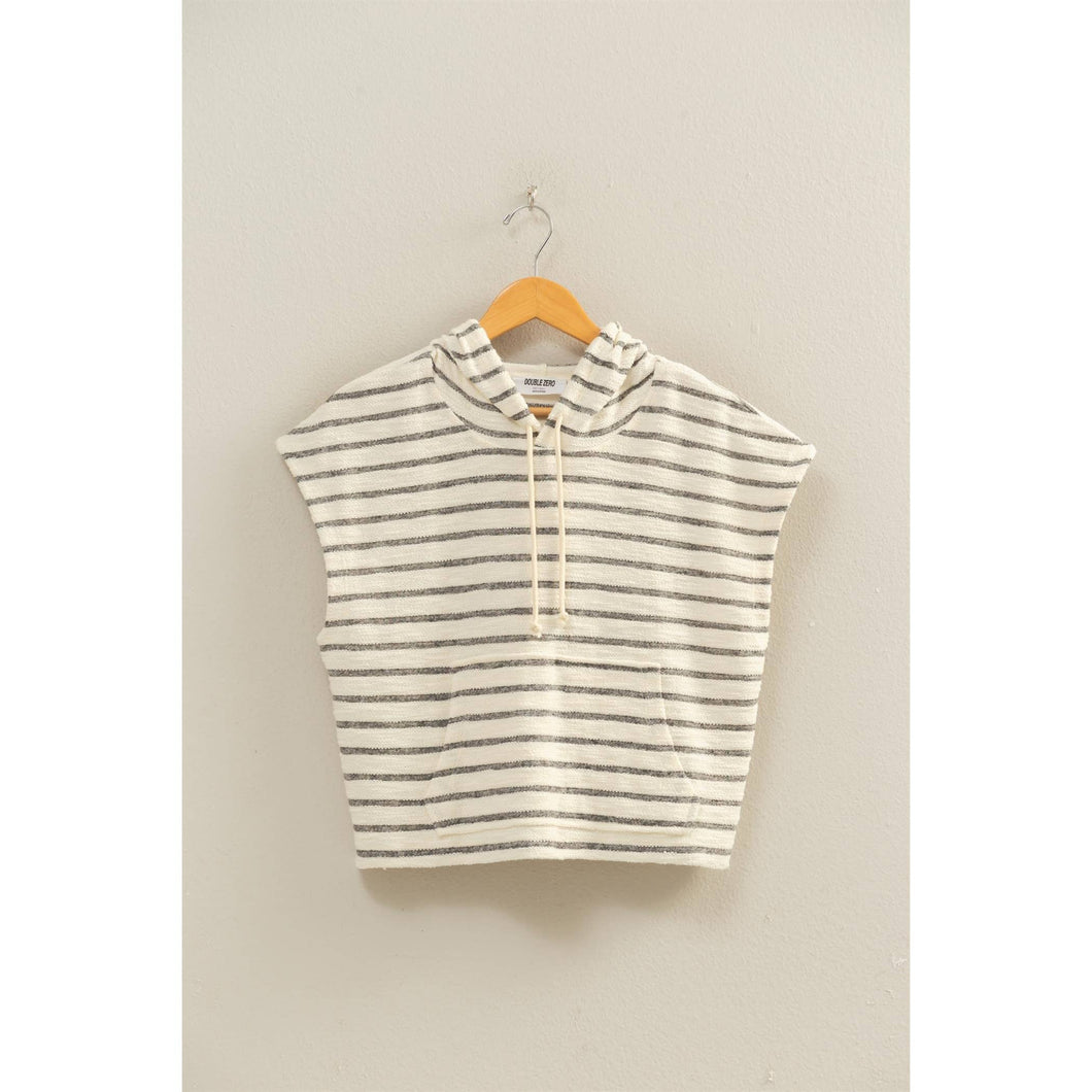 Black Striped Hooded Top With Pocket