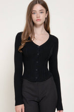 Black Long Sleeve V-Neck Cardigan with V-Shape Hem