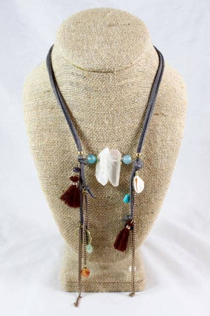Quartz Chunk and Tassels on Leather Long Necklace -The Classics Collection- N2-838