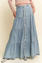 Denim Button Front Ruffle Hem Maxi Dave Dani Skirt