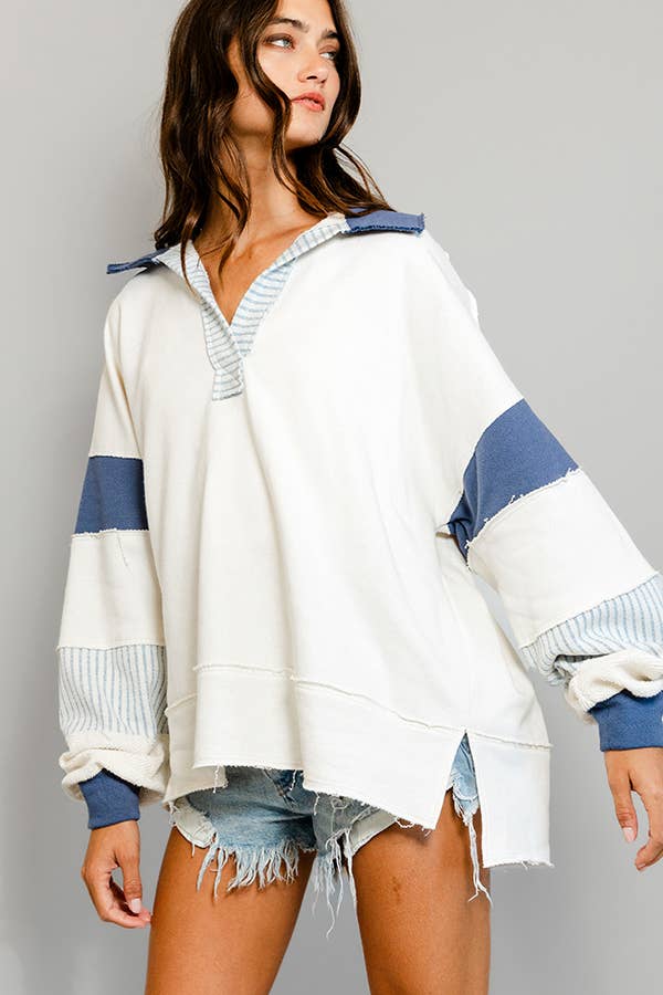Ivory Navy French Terry Knit Color-block Collared Loose Fit Top