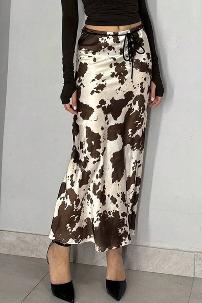 Coffee Abstract Print Midi Skirt