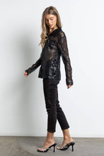 Black Sequined Button Down Long Sleeve Mesh Blouse Shirt