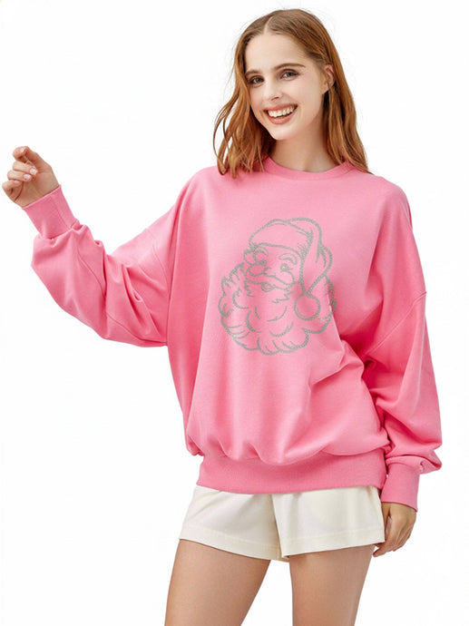 Pink Santa Face Rhinestone Comfy Crewneck Sweatshirt