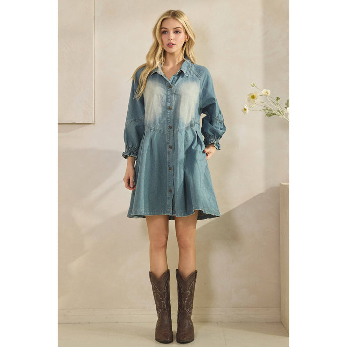 Med Wash Overfit Button Down Denim Veveret Shirt Dress