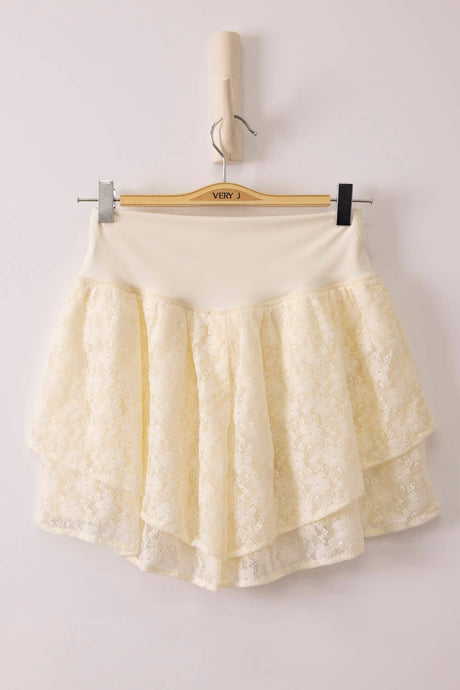 Cream Double Layered Hem Lace Activewear Shorts