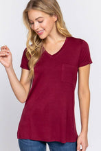 Burgundy Short Sleeve V-neck Top with Pocket