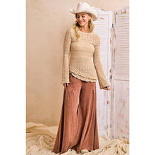 Tan Textured Lace Knit Diagonal Hemling Vell Sleeve Top