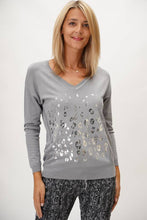 Grey Metallic Leopard V-Neck Knit Top