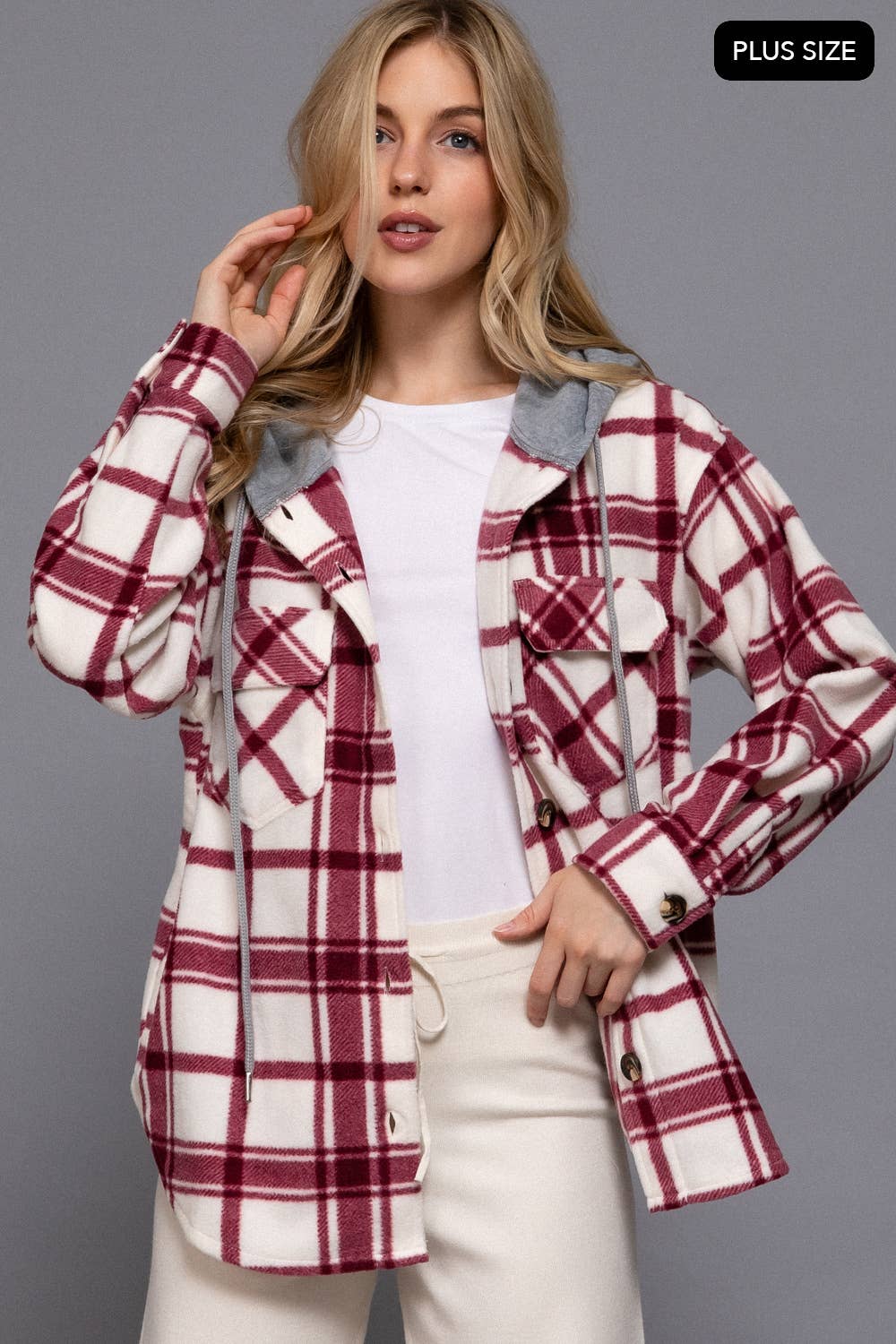 Ivory Wine Plus Long Slv Plaid Button Down Hoodie Fleece Jacket