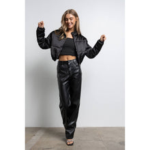 Black  Long Sleeve Satin Cropped Bomber Jacket