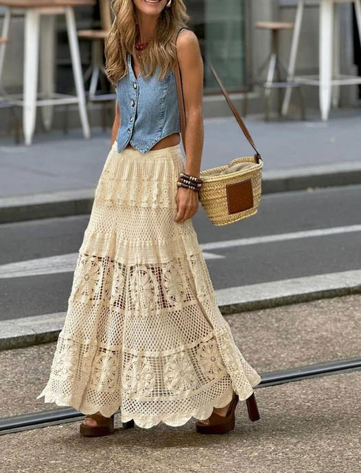 Beige Bohemian Crochet Flowy Maxi Skirt