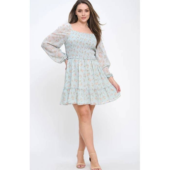 Blue Plus Size Floral smocked Bodice Ruffle Trim A Line Mini Dres
