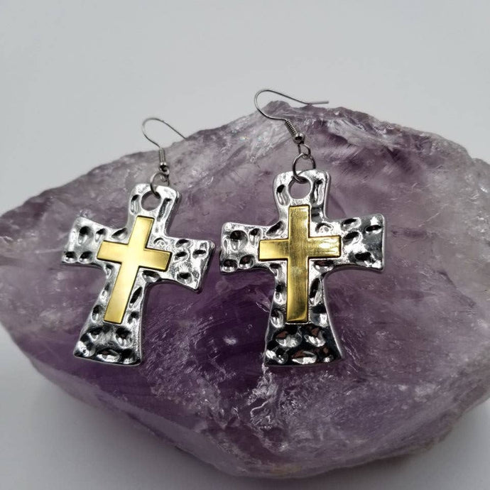 Hammered Silver Gold Layered Cross Earring