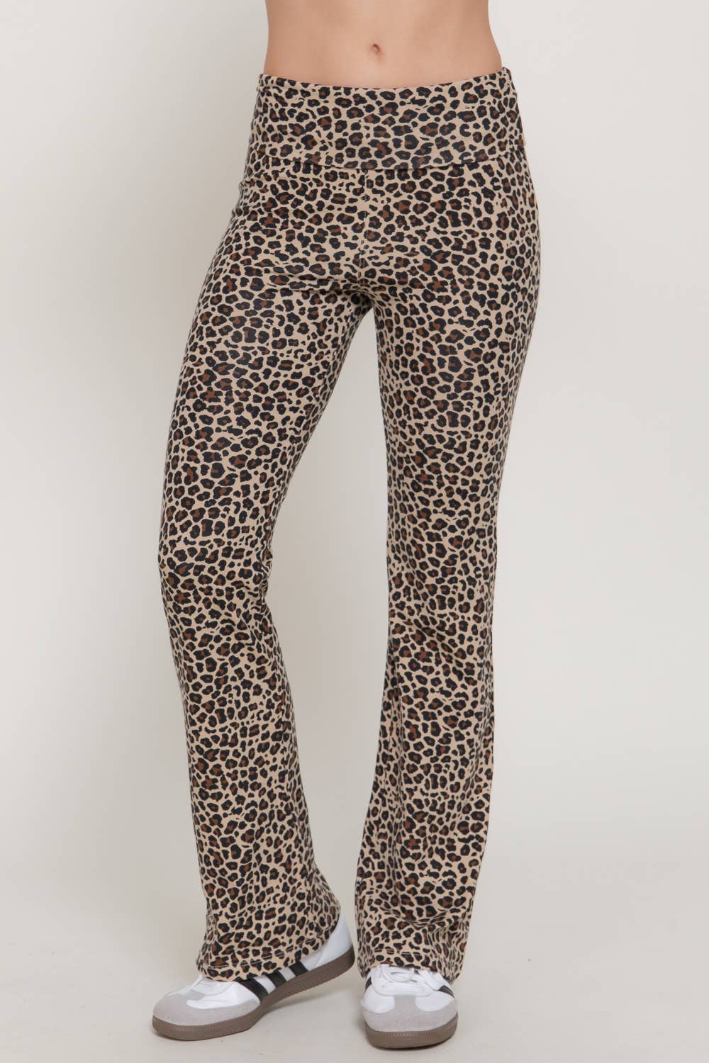 Taupe Leopard Printed Waist Fold Slim Flare Yoga Pants